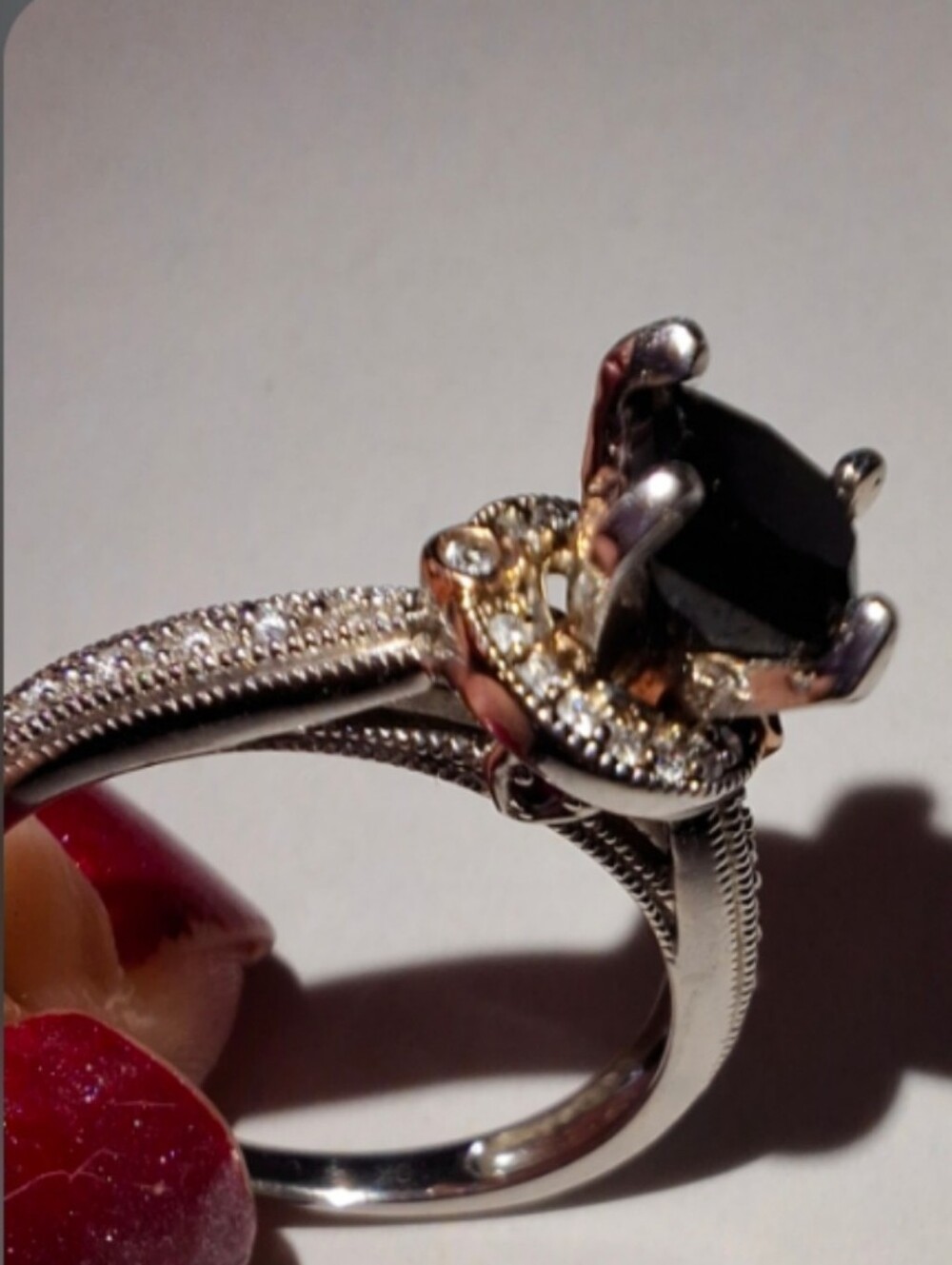 LeVian Luxury Goth Wedding Ring Black Diamond Blood Red  stone 10k white gold